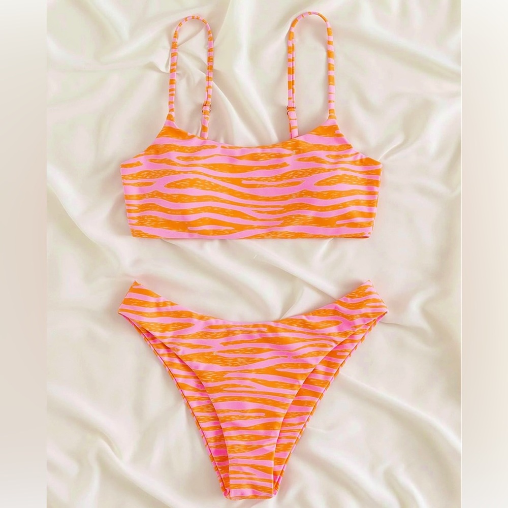 NWOT Zebra Print High Cut Bikini Set - Pink & Orange